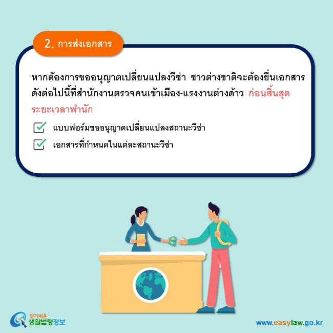 2. การส่งเอกสาร หากต้องการขออนุญาตเปลี่ยนแปลงวีซ่า ชาวต่างชาติจะต้องยื่นเอกสารดังต่อไปนี้ที่สำนักงานตรวจคนเข้าเมือง-แรงงานต่างด้าว ก่อนสิ้นสุดระยะเวลาพำนัก  แบบฟอร์มขออนุญาตเปลี่ยนแปลงสถานะวีซ่า  เอกสารที่กำหนดในแต่ละสถานะวีซ่า  